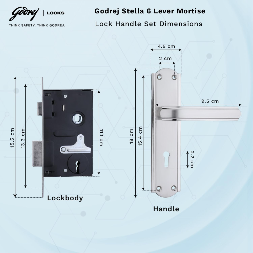 Godrej Mortise Door Lock Handle Set | 180mm Stella | 6-Lever Locking Mechanism | Reversible Latchbolt | Suitable for Left & Right Handed Doors (Satin Steel Finish) | 5 Year Warranty
